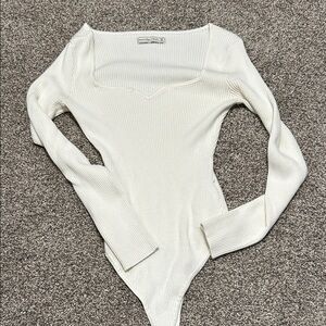 Abercrombie & Fitch Cream Ribbed Scoop-Neck Bodysuit